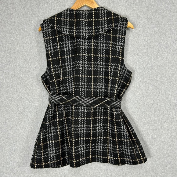 Amber Sun Belted Vest Black Gray Plaid Tweed Sleeveless Tie Waist Blazer Size XL - Picture 7 of 14